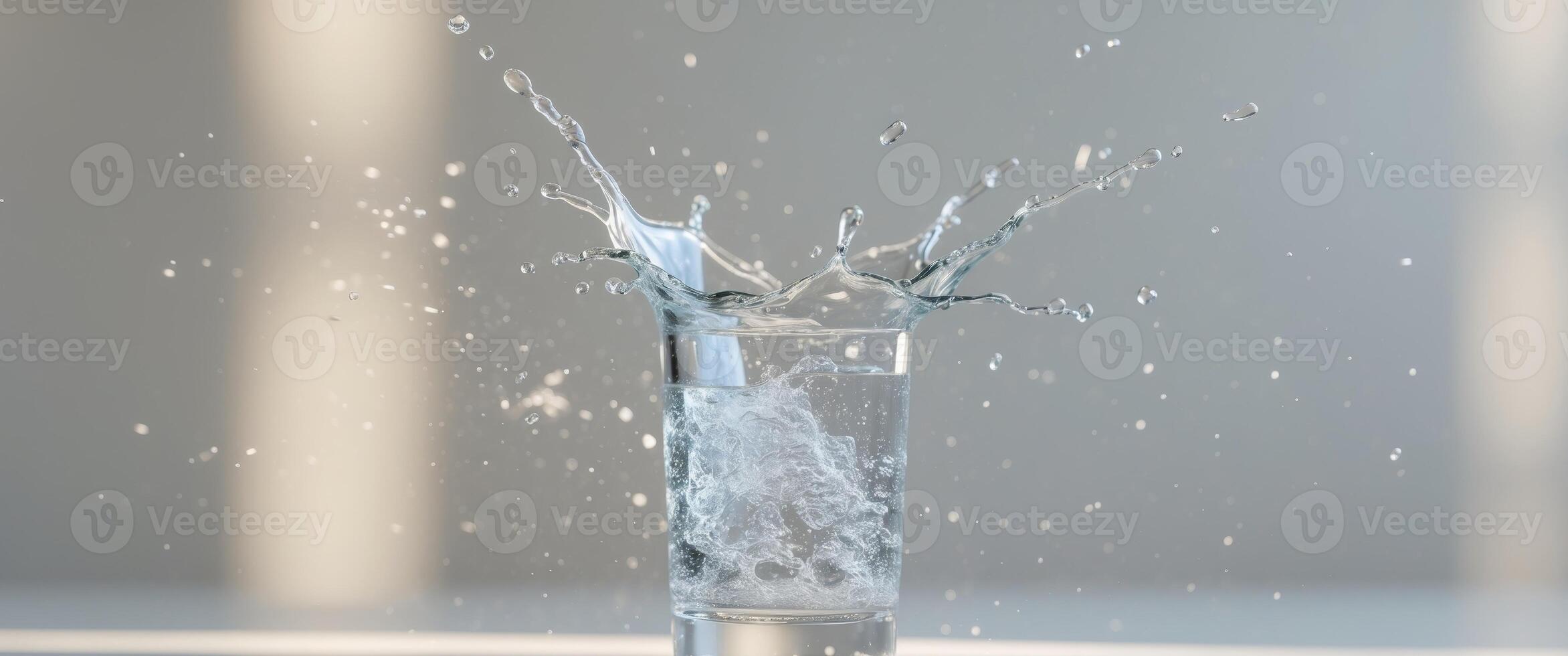 A refreshing drink splashing out of a glass bottle. photo