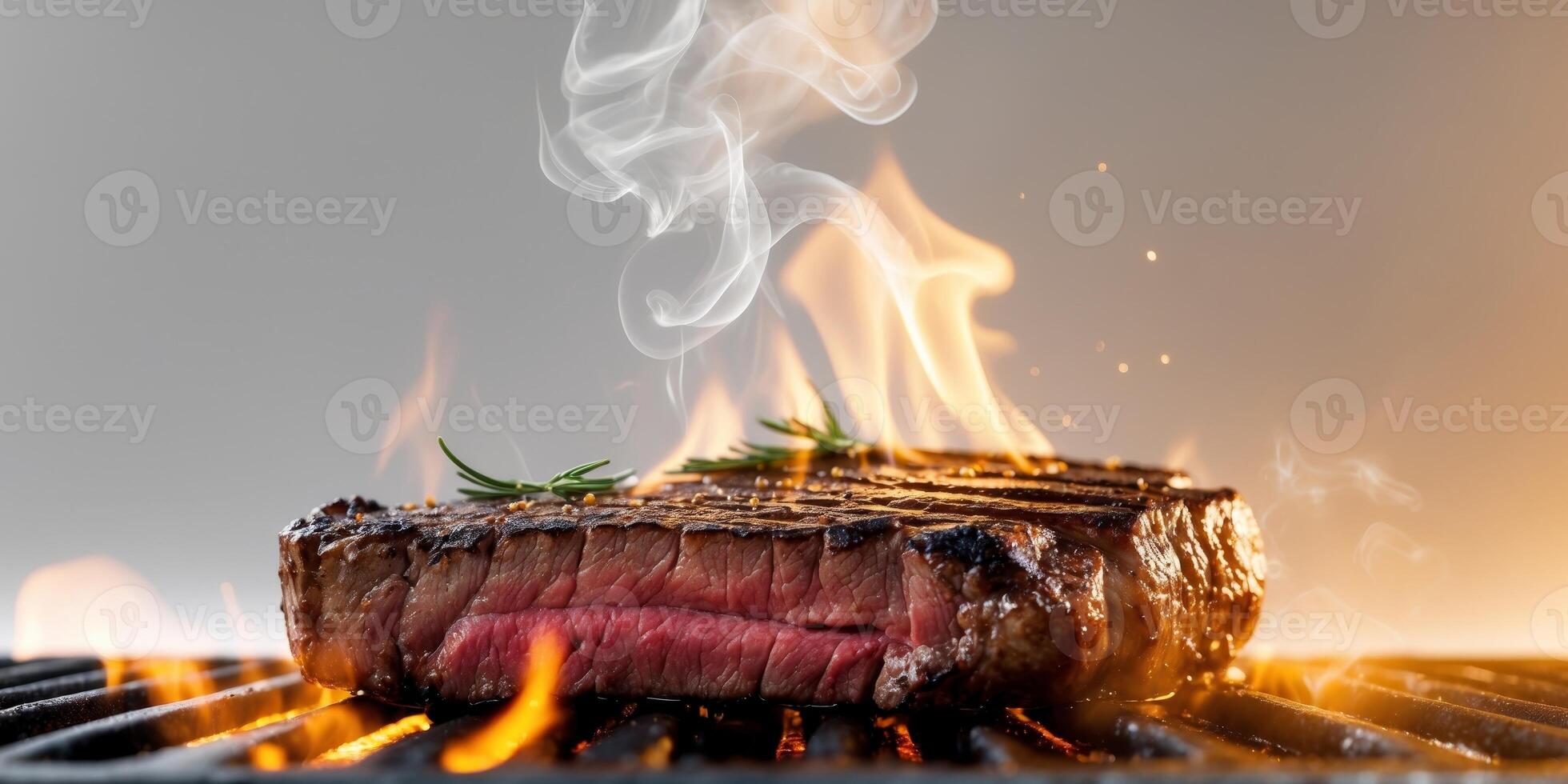 Sizzling juicy steak on a grill with flames and smoke creating a mouthwatering experienceSizzling juicy steak on a grill with flames and smoke creating a mouthwatering experience. photo