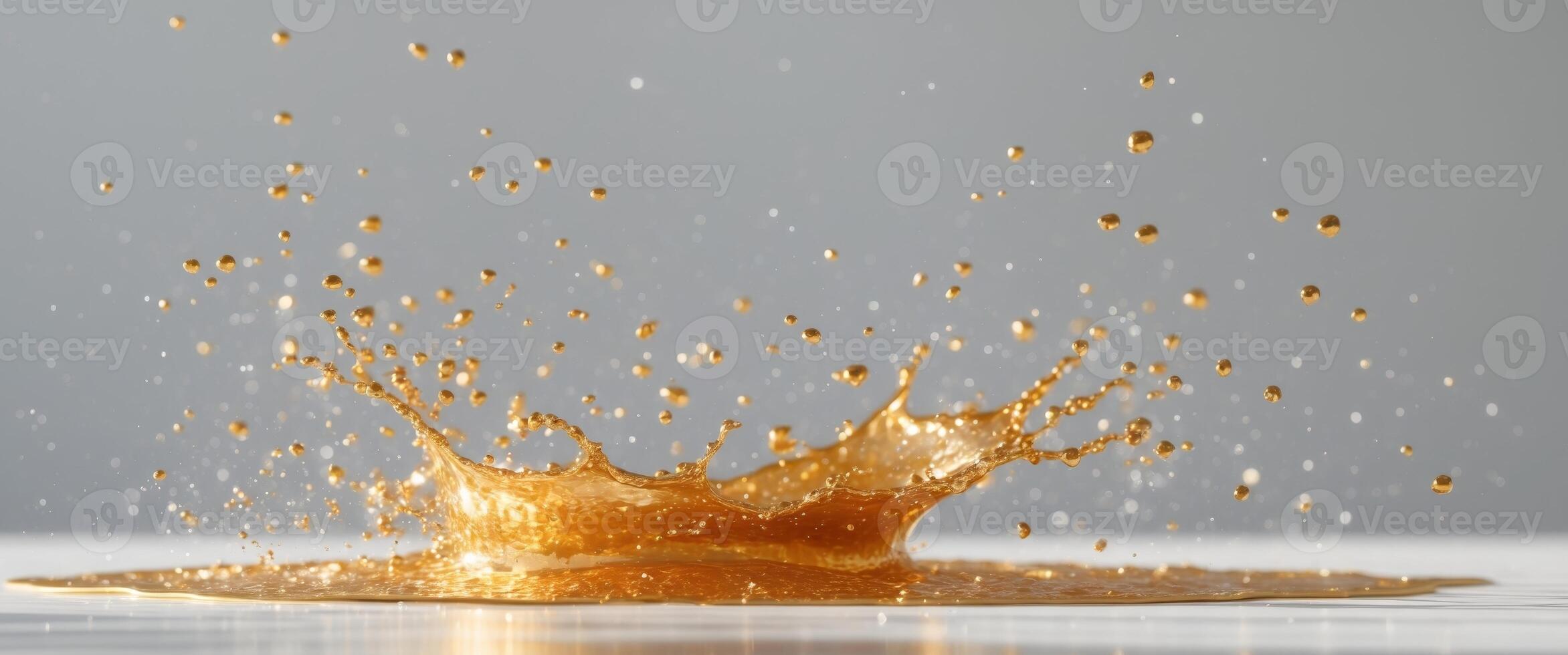 Shimmering gold liquid splashing on a white surface. photo