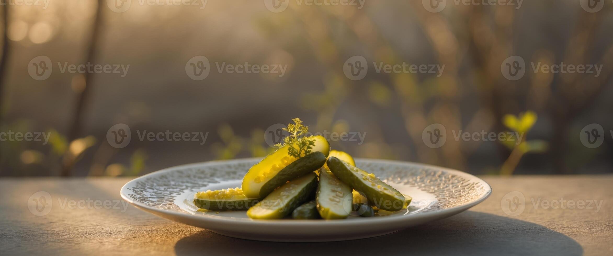 Freshly prepared pickles on a decorative plate in a natural outdoor setting during late afternoon photo