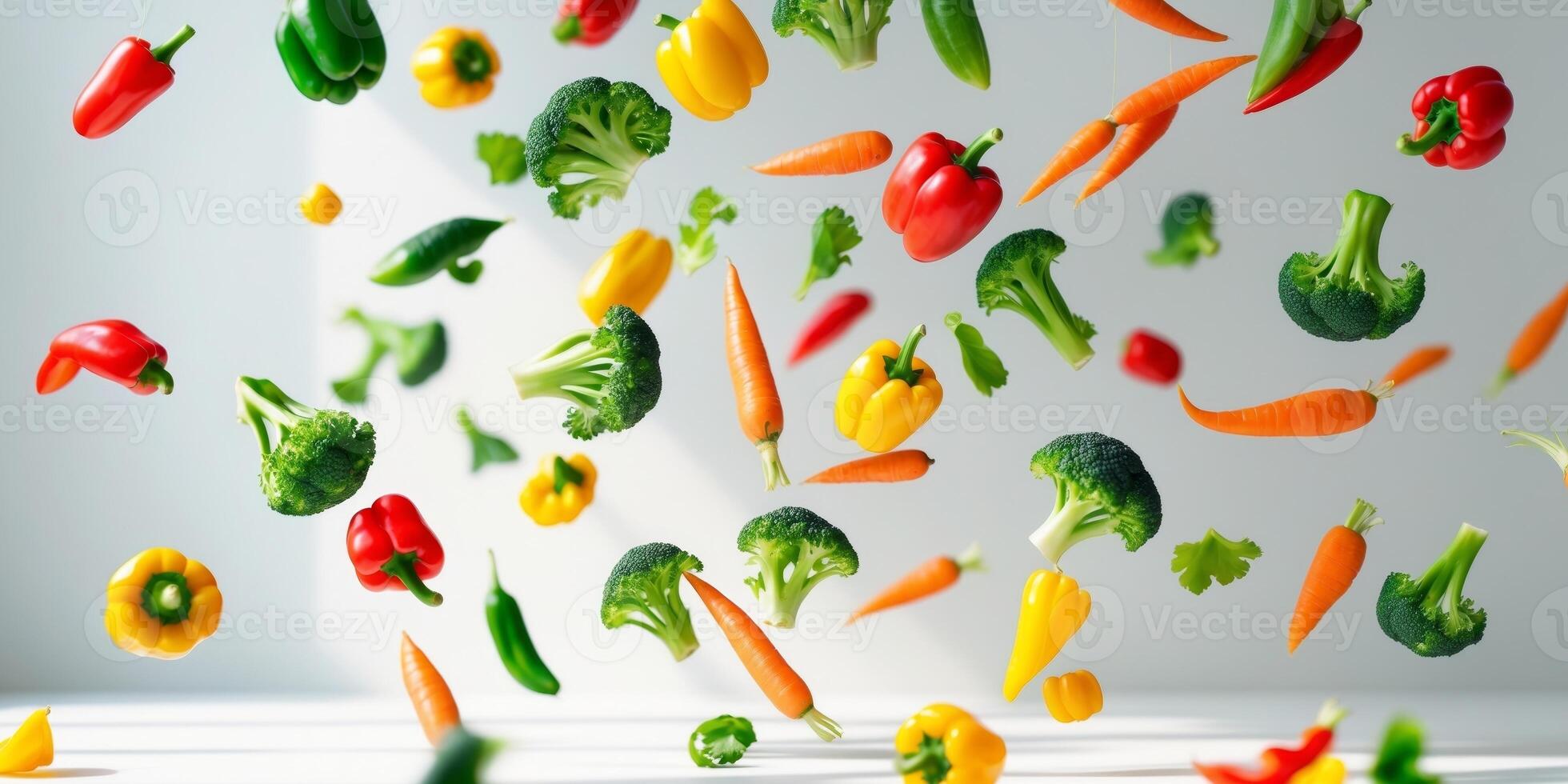 Colorful flying vegetable stir fry ingredients brighten a kitchen setting with vibrant colors. photo