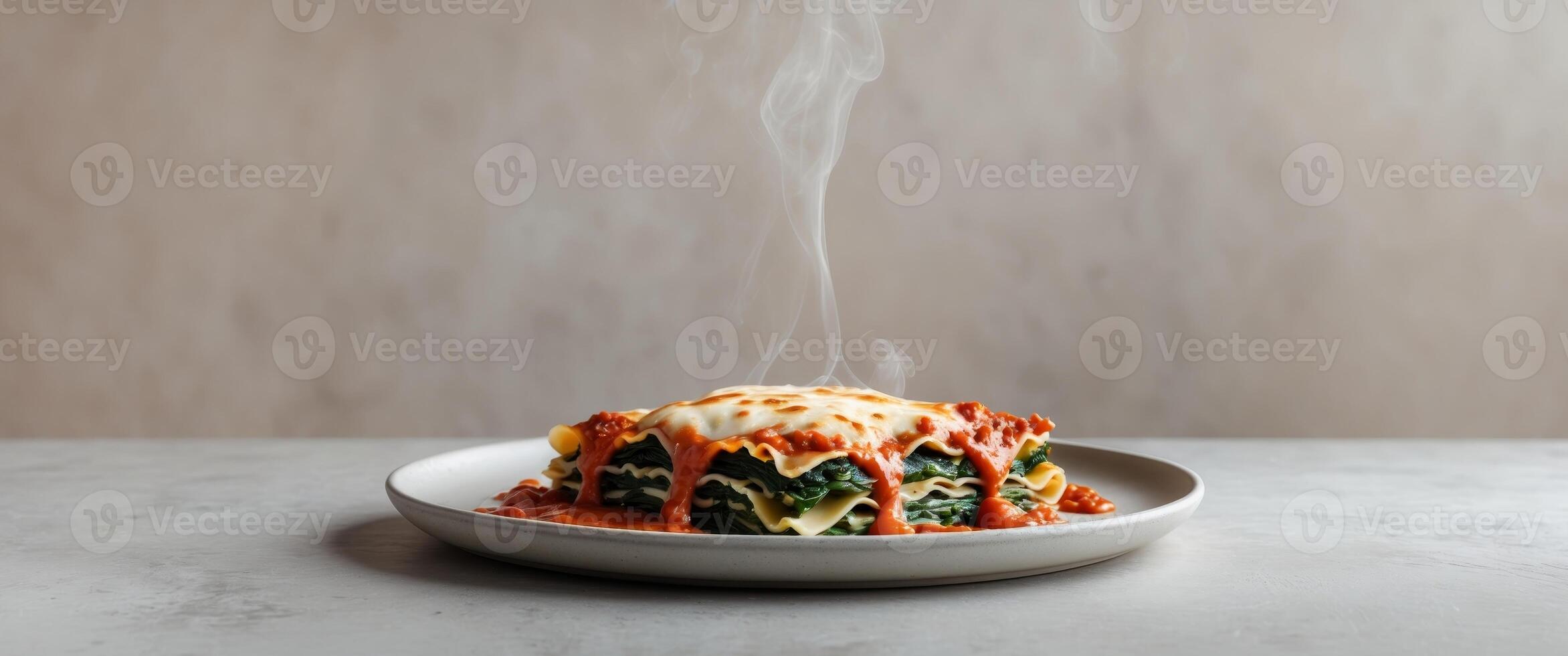 tempting serving of spinach lasagna with tomato sauce and melted cheese. photo