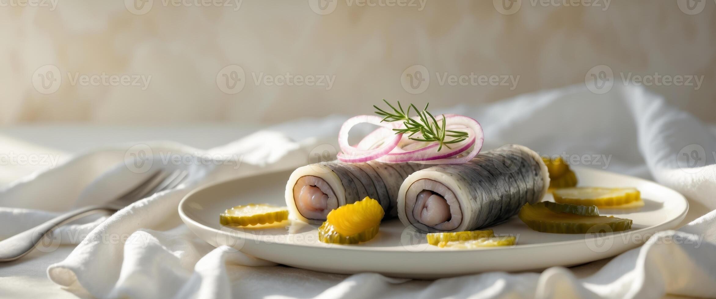 Seafood Breakfast Delight Featuring Rolled Herring with Onions and Pickles. photo
