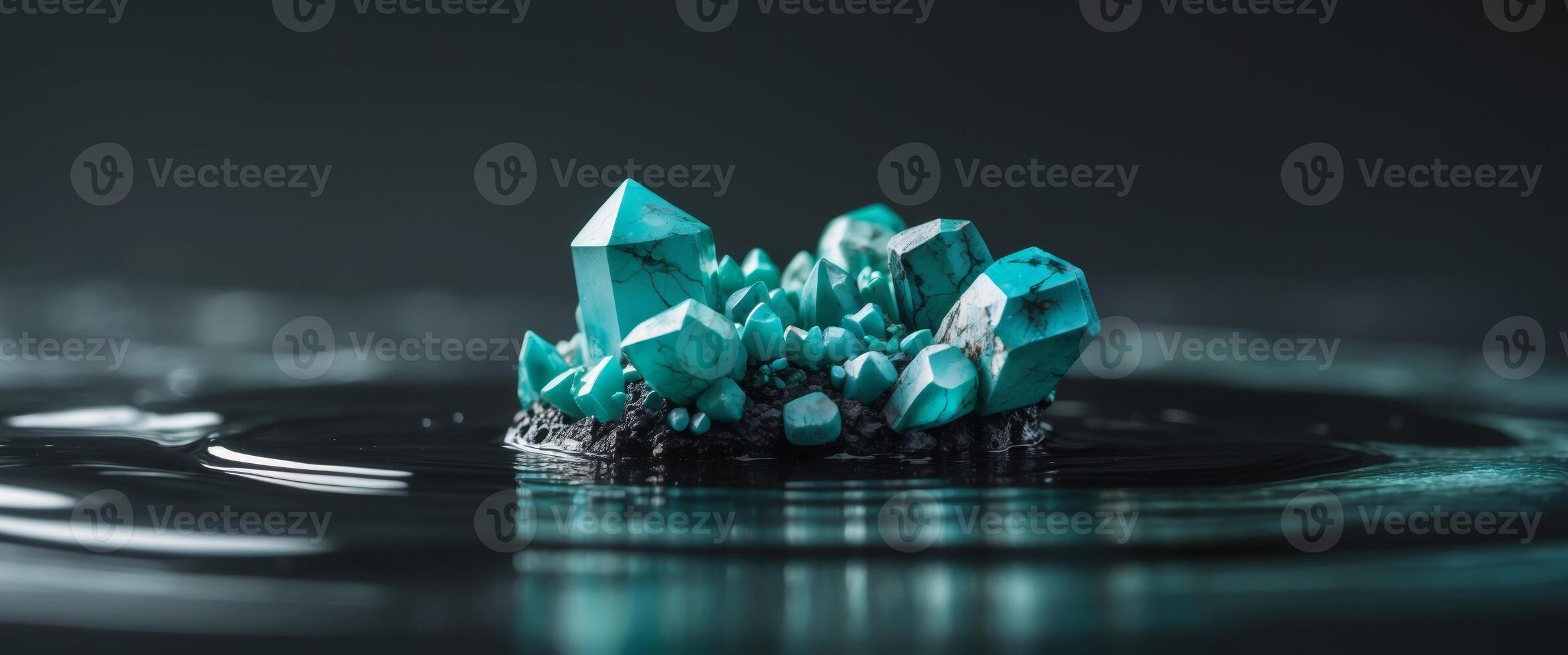 Turquoise crystallized pieces floating on dark water surface. photo