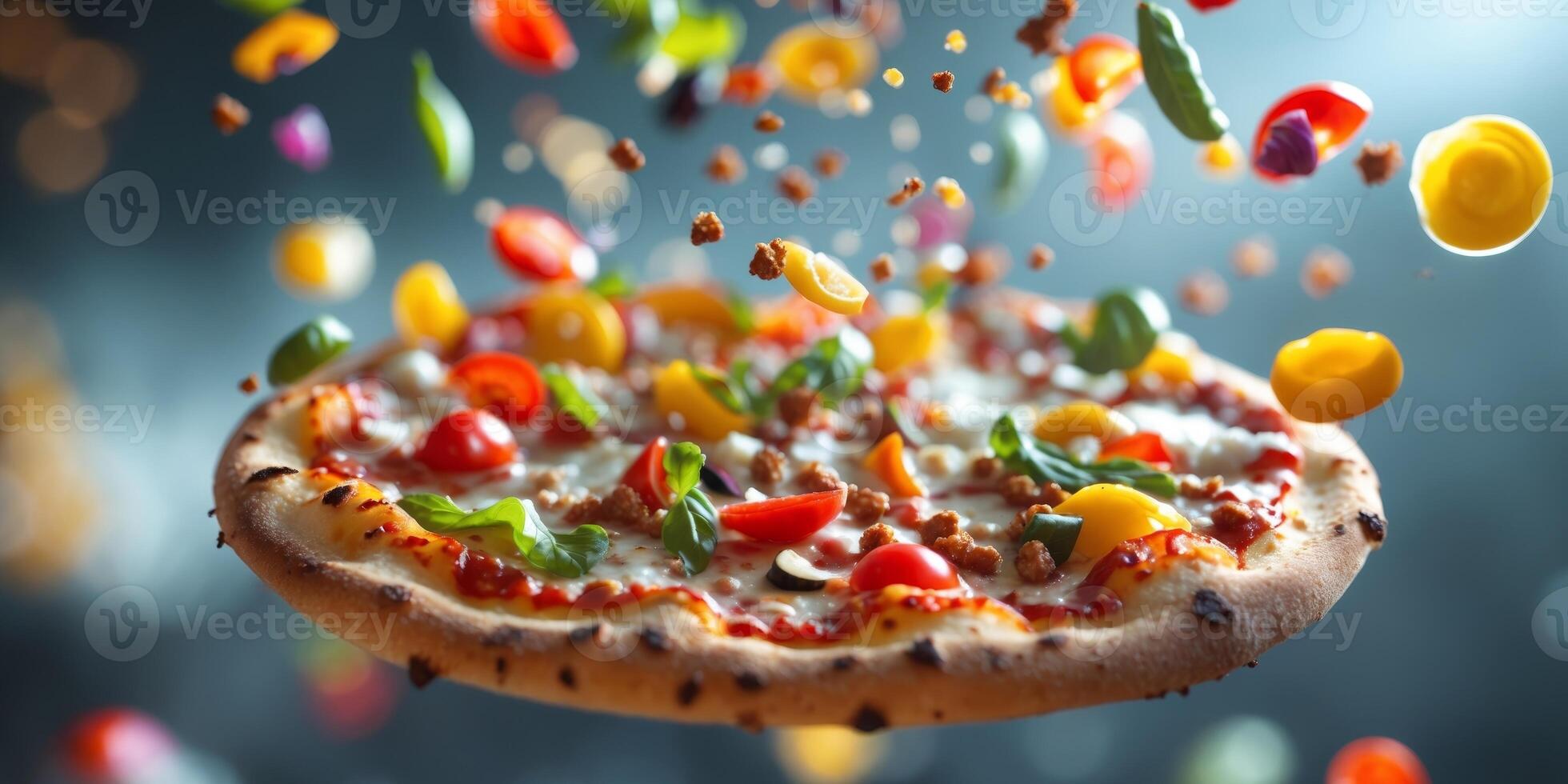 Flying toppings create a delicious spectacle above pizza base with vibrant colors and textures. photo
