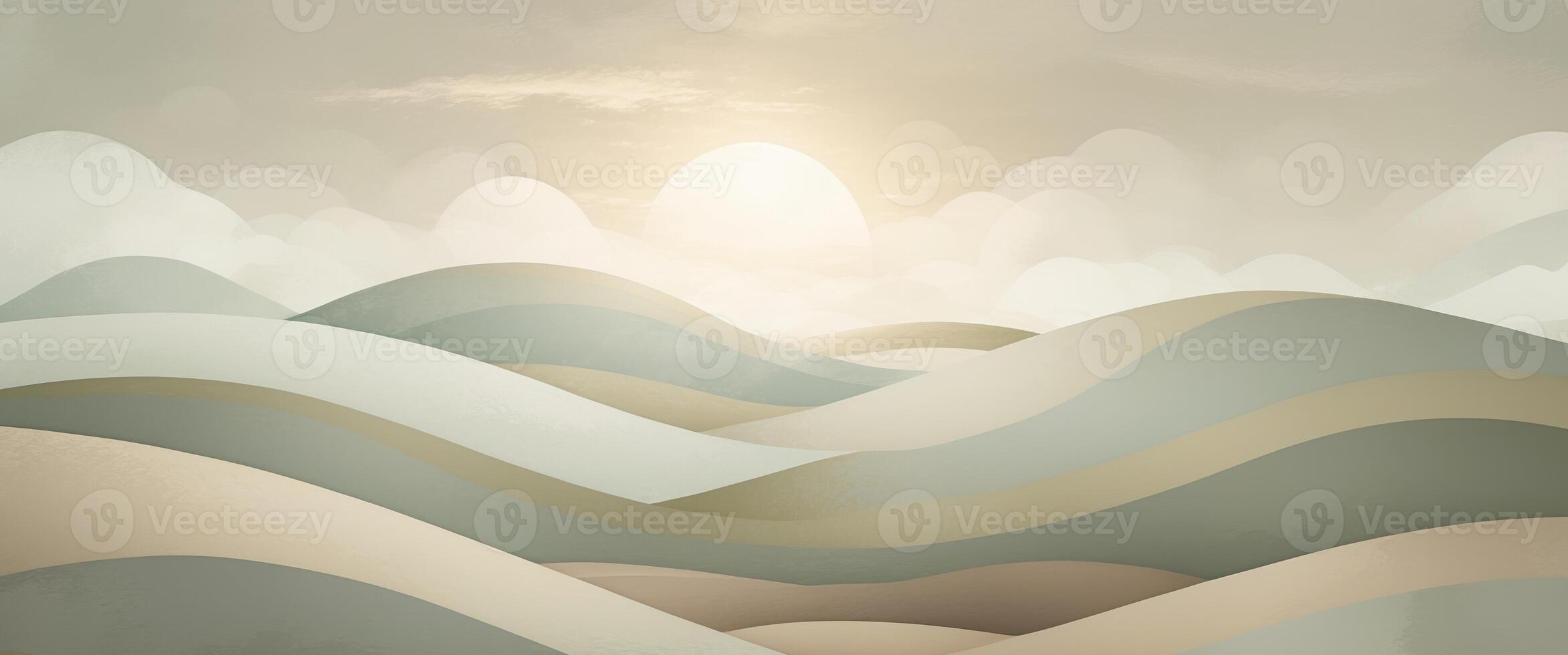 Abstract landscape with rolling hills and a soft sun photo