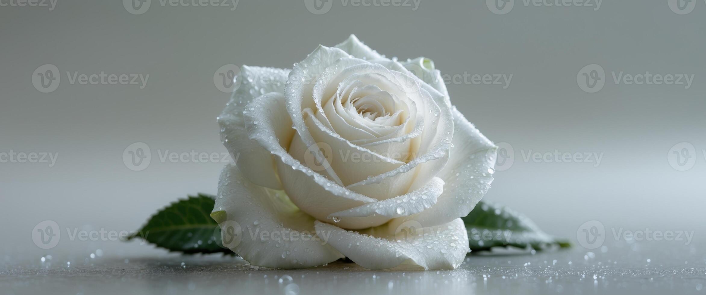 dew covered white rose exudes elegance and freshness in soft light photo