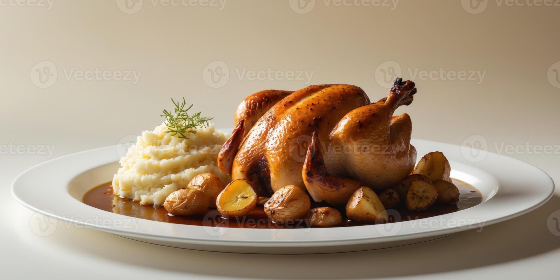 A Delicious Roasted Chicken Dinner with Mashed and Roasted Potatoes and Gravy. photo