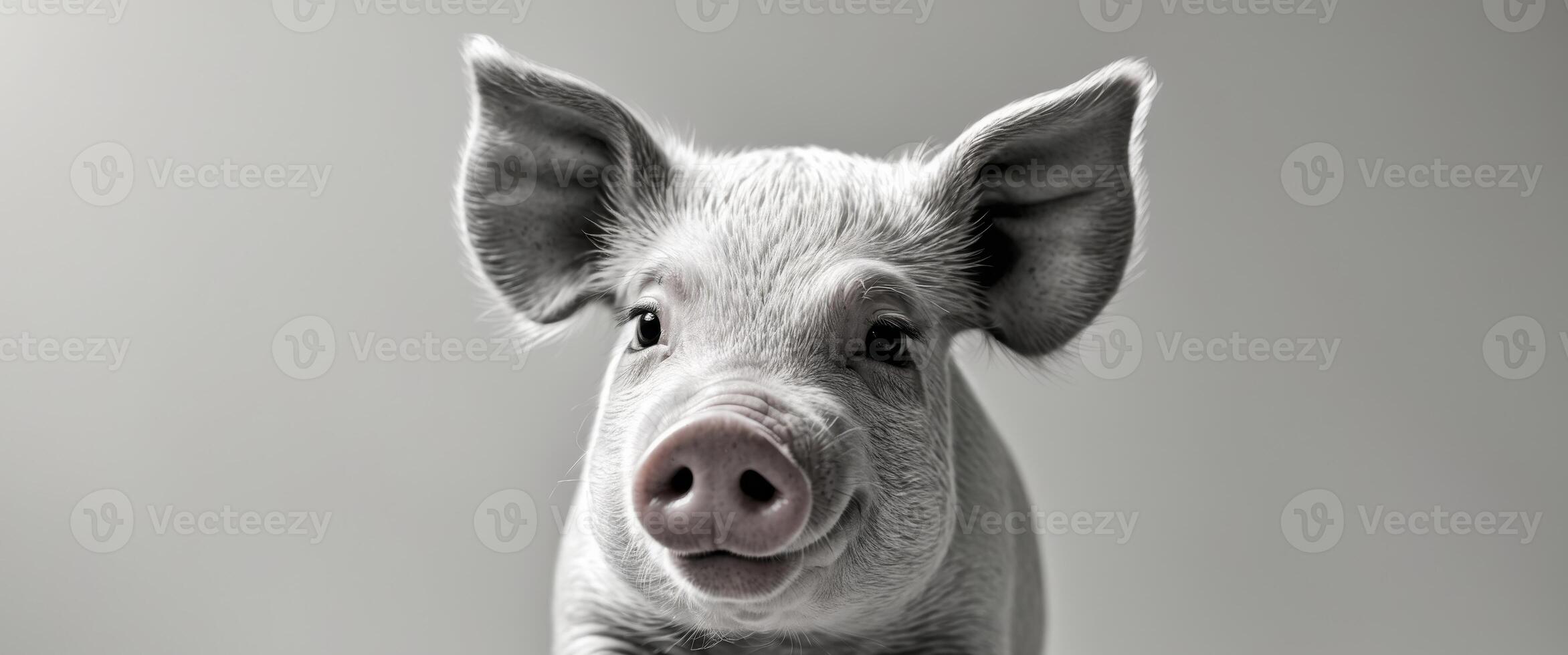 A young pig with large ears and a pink snout photo