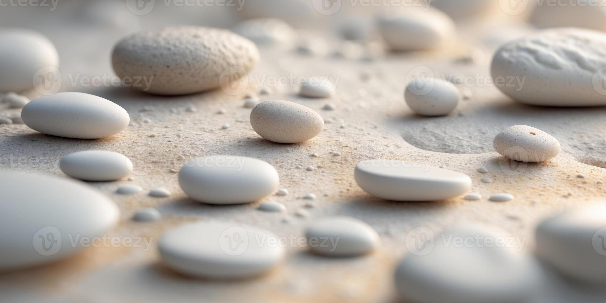Textured white pebble stone background featuring smooth rounded shapes in varied sizes creating an elegant and serene atmosphere for design projects. photo