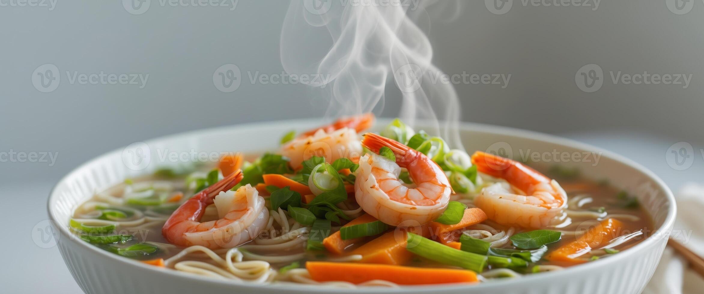 Delicious Thick Noodle Soup with Shrimp and Fresh Vegetables in a White Bowl photo