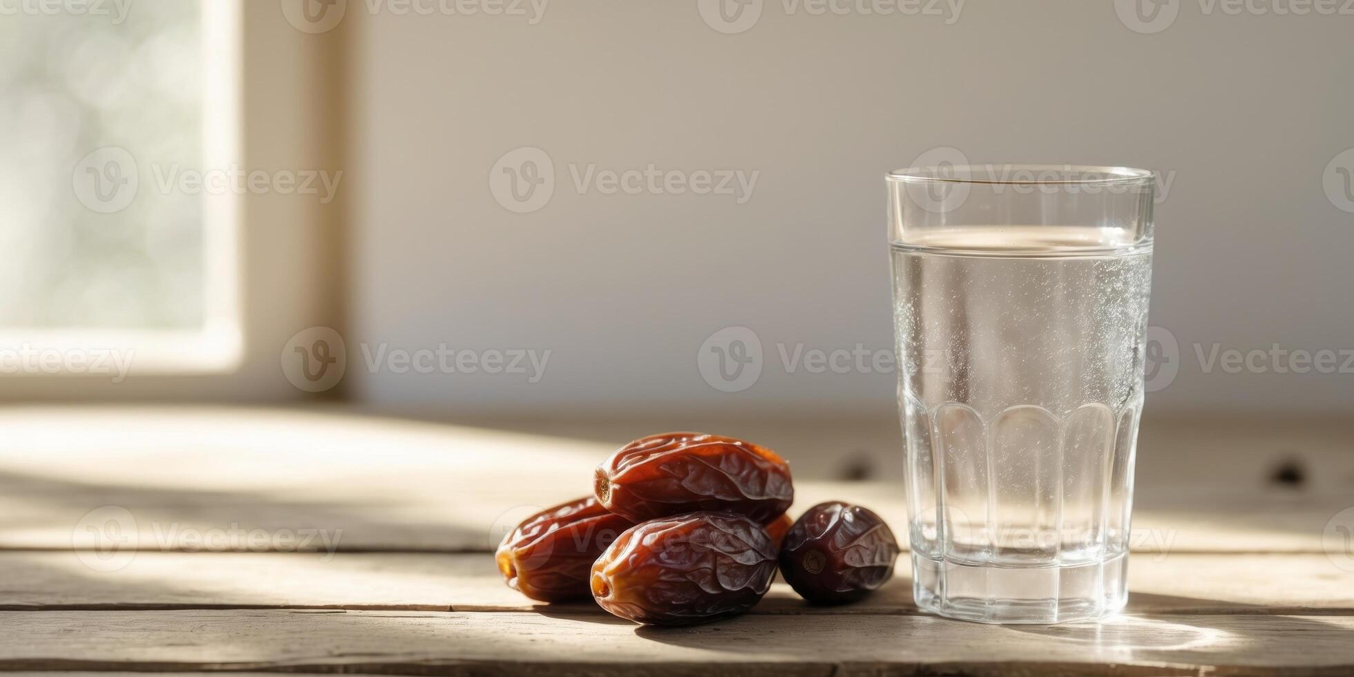 Delicious Dates and Refreshing Water on a Table Natural Light Setting Freshness Concept. photo