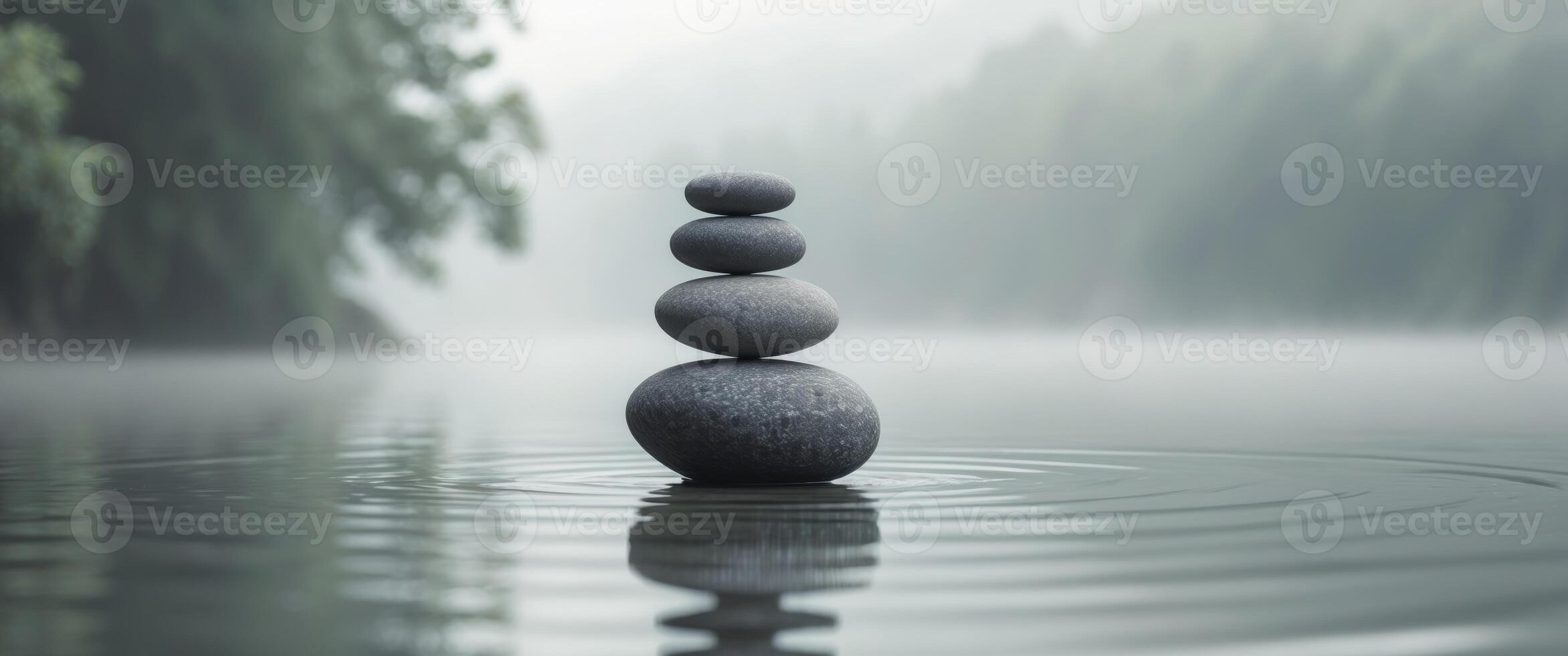 four gray stones balanced in a calm water setting symbolizing peace and serenity. photo