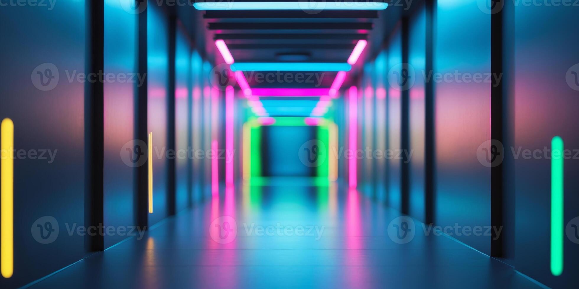 Futuristic Corridor Illuminated by Neon Lights. photo