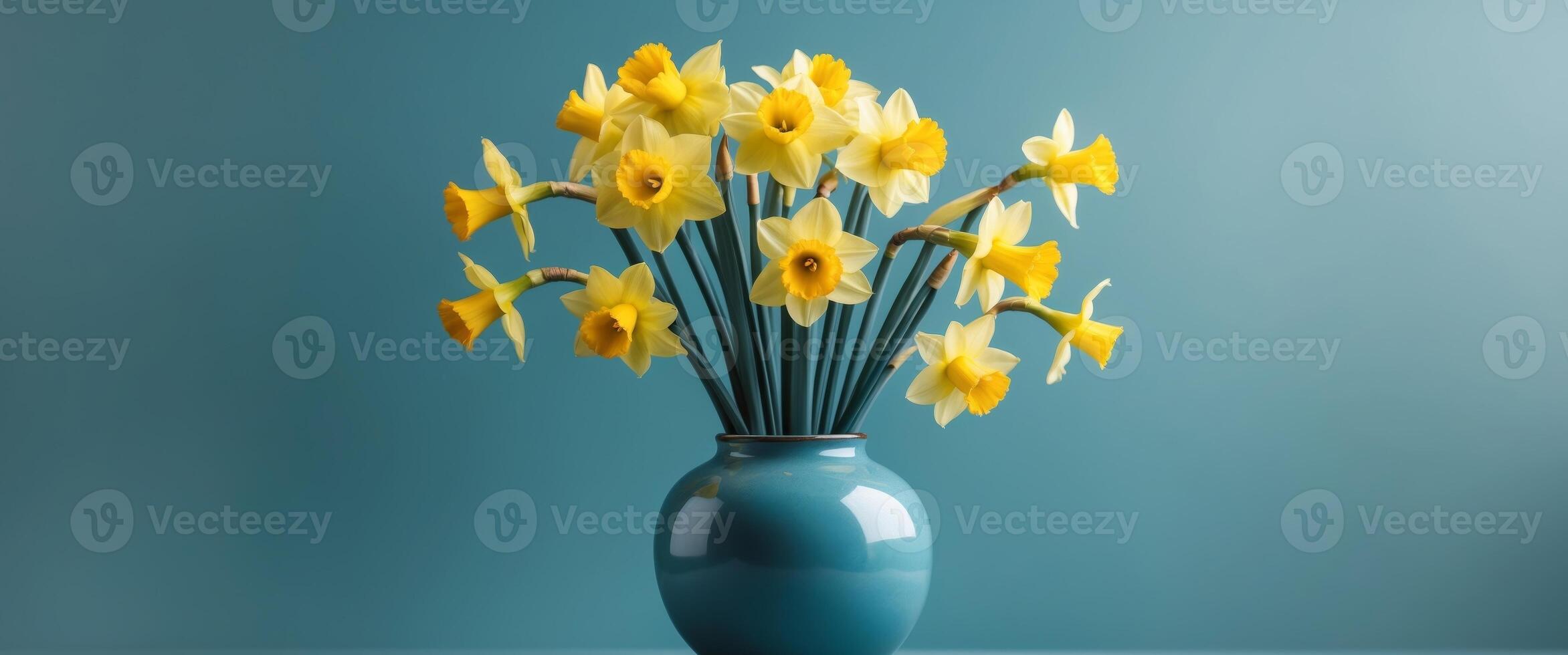 Daffodils in Blue Ceramic Vase with Teal Background photo