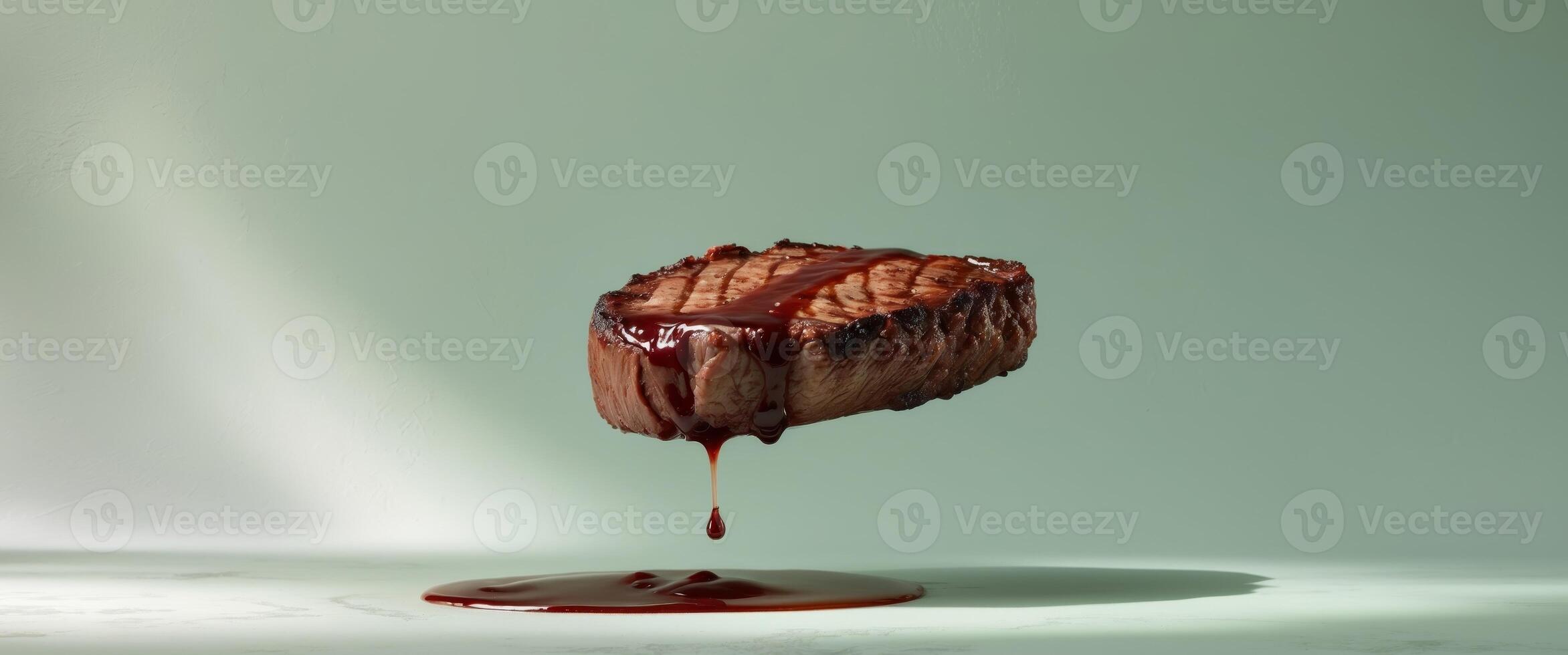 Flying steak with red wine reduction glaze on a pastel mint green background photo