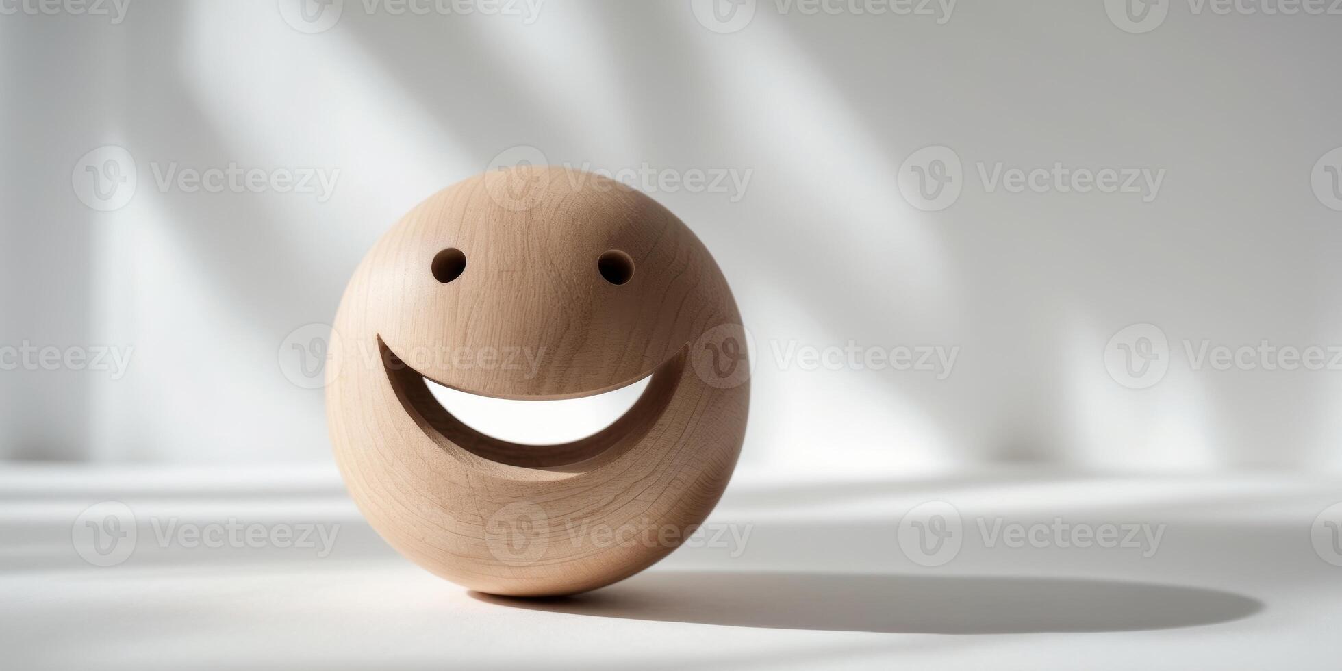 Happy wooden toy with a big grin is bringing happiness and optimism photo