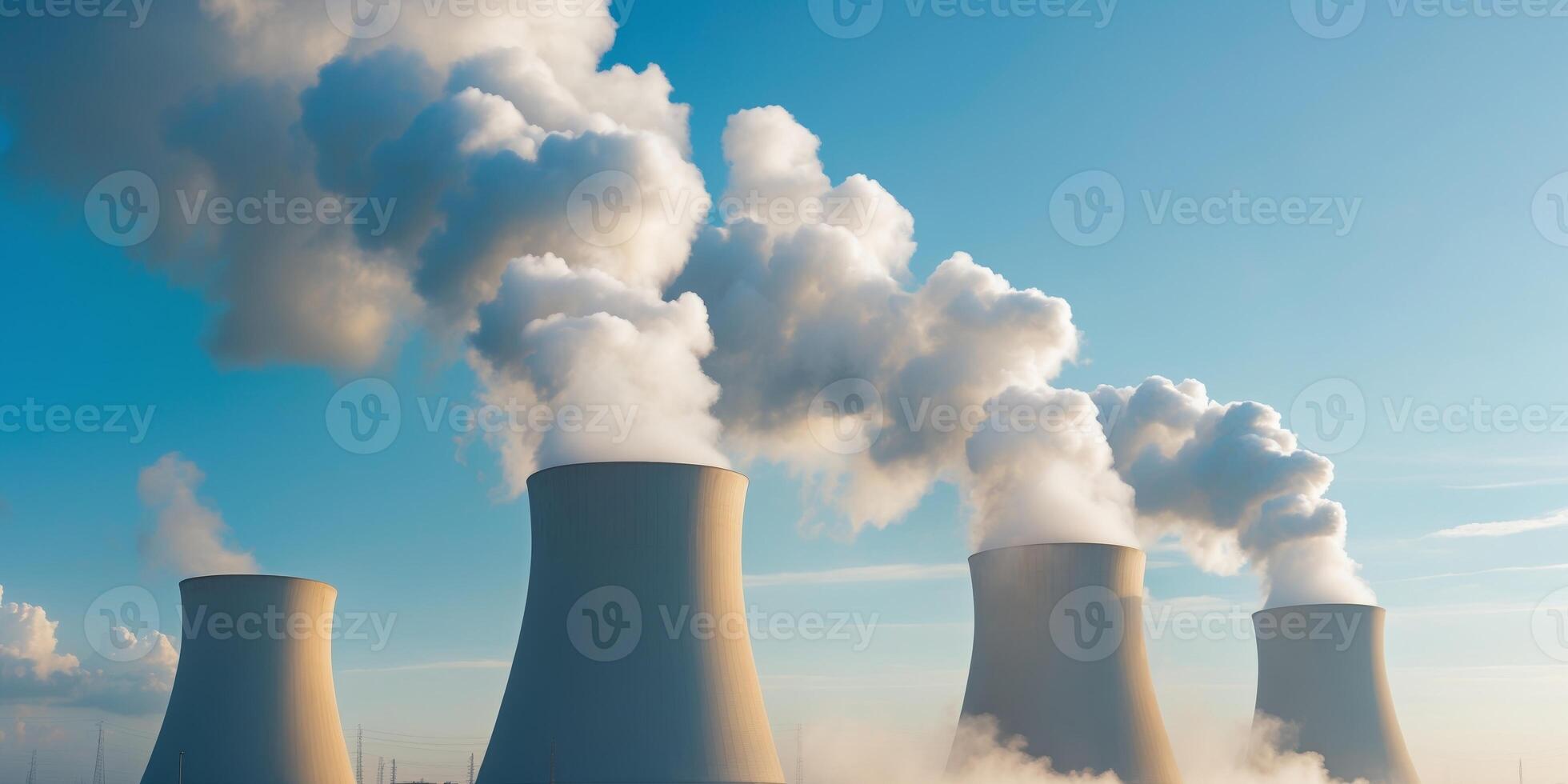 Cooling Towers Dispersing Steam Emissions at a Nuclear Power Plant for Energy Generation photo