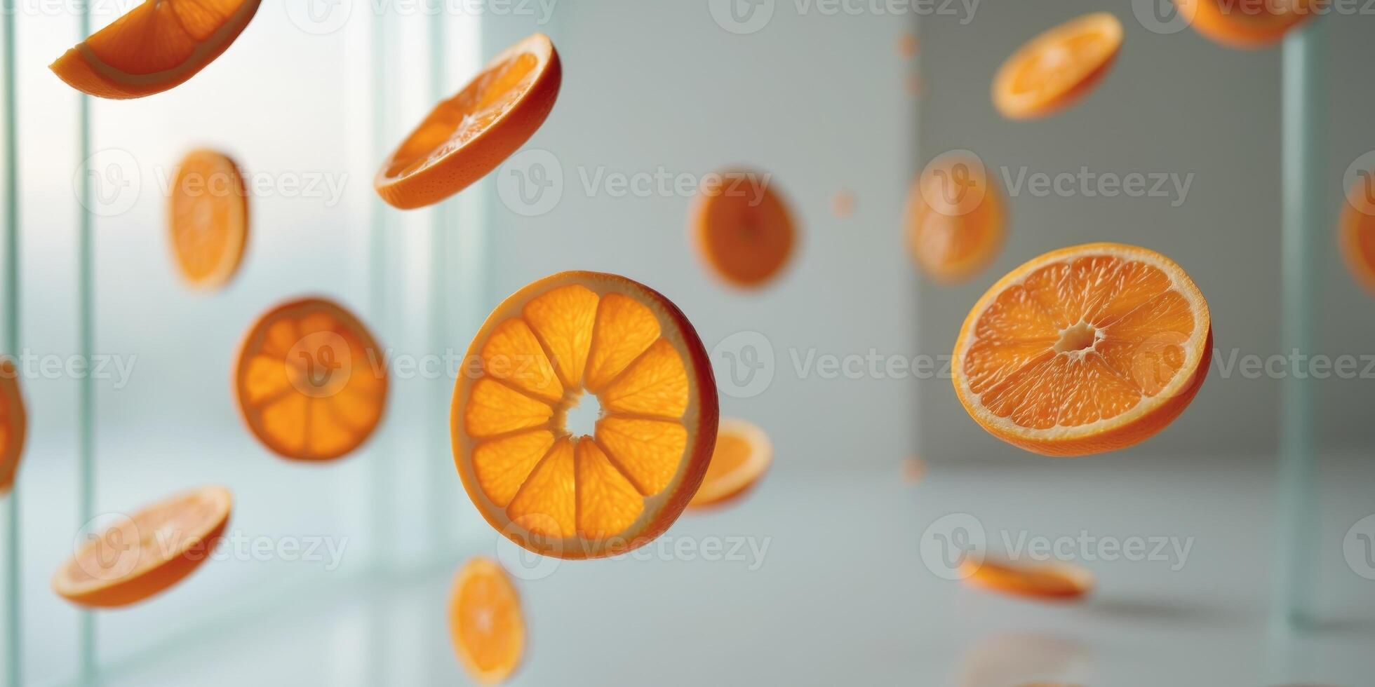Floated slices of orange falling isolate on transparency background photo