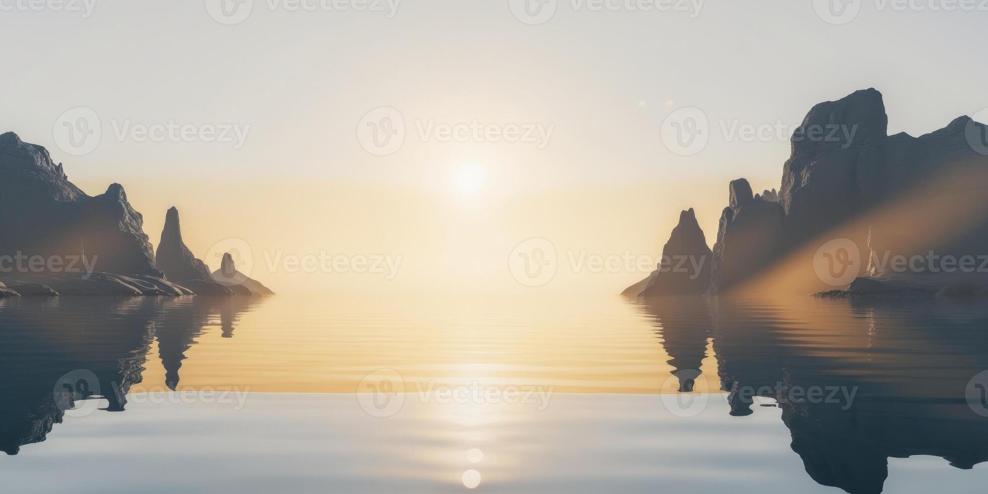 Sunset Reflection of Rocks on Calm Water Surface with Warm Golden Tones photo