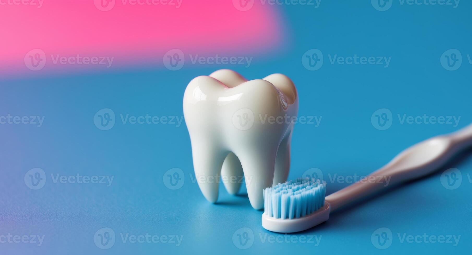 A single tooth with a toothbrush on a bright pink and blue background photo