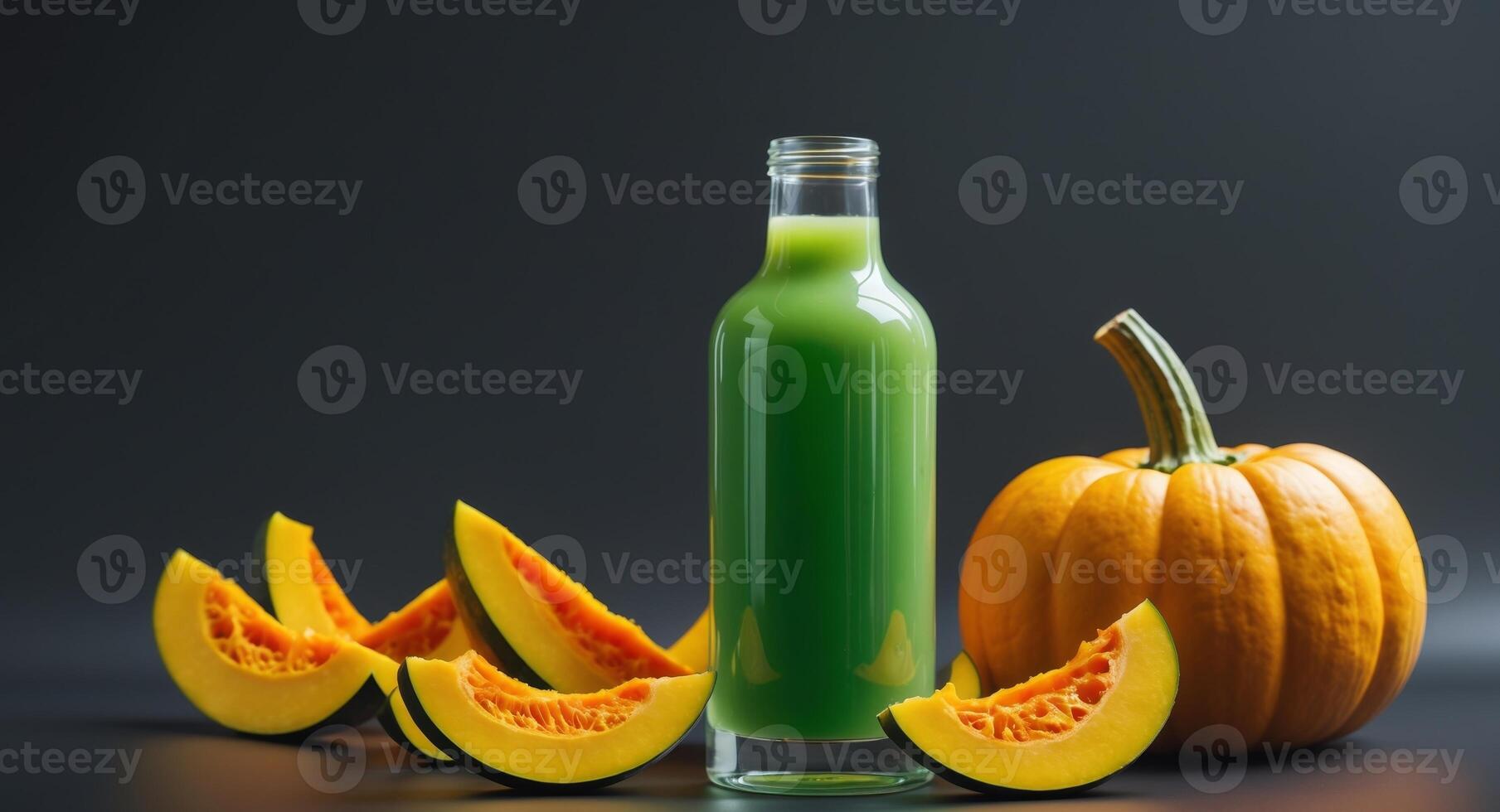 Green Pumpkin Juice in Bottle Surrounded by Fresh Pumpkin Slices on Dark Background with Room for Text or Branding. photo