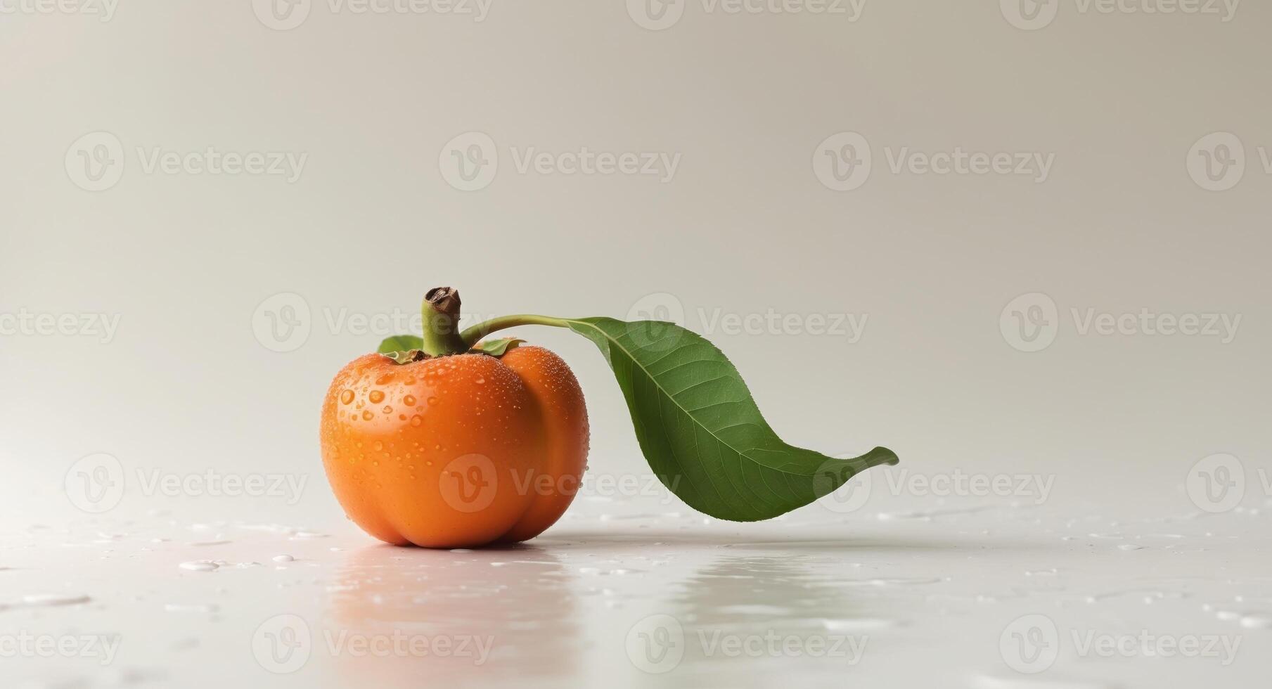 A single ripe persimmon with a green leaf photo