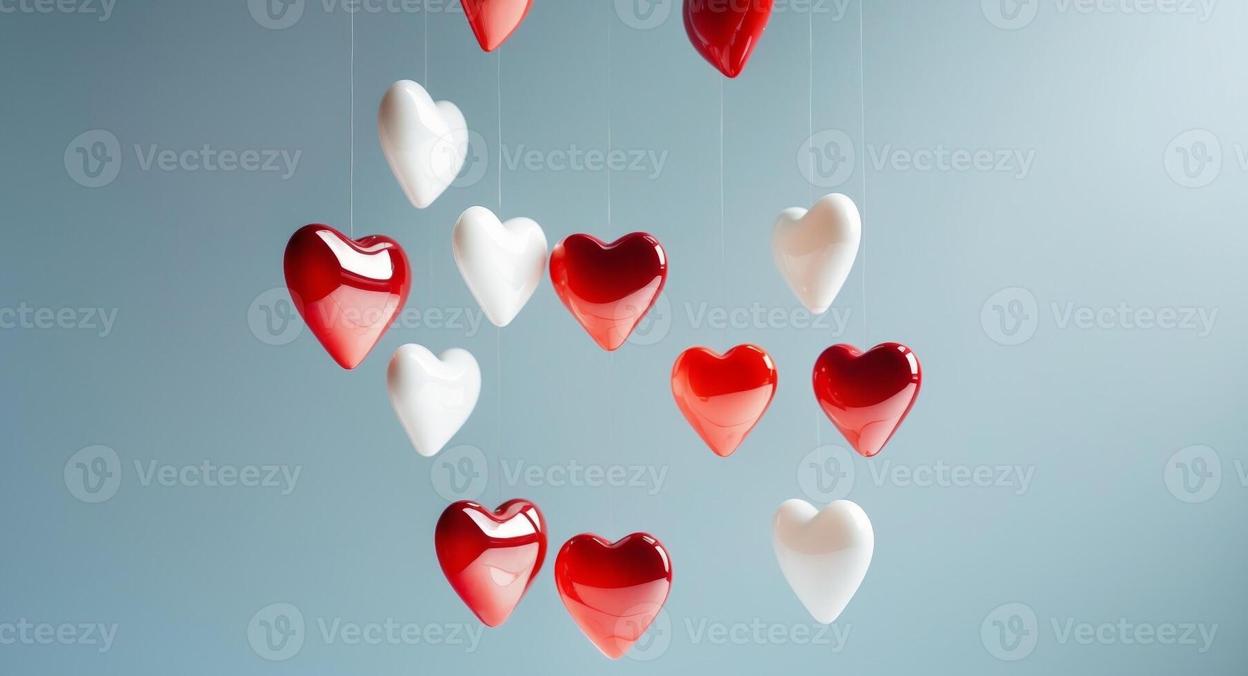 Hanging Red And White Glossy Hearts On Light Blue Background. photo