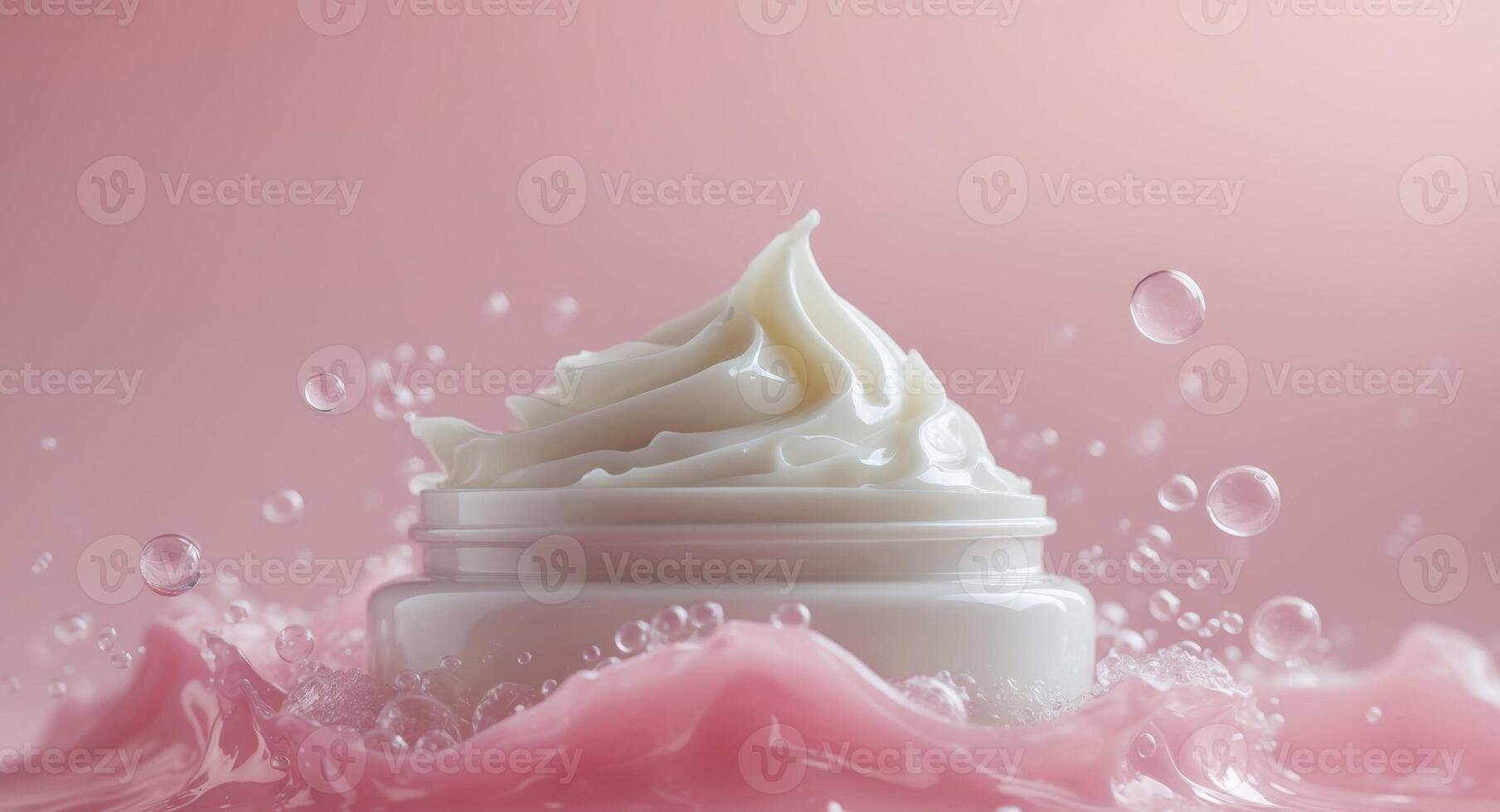 creamy texture of a facial moisturizer blends with bubbles on a pink background for skincare enthusiasts photo
