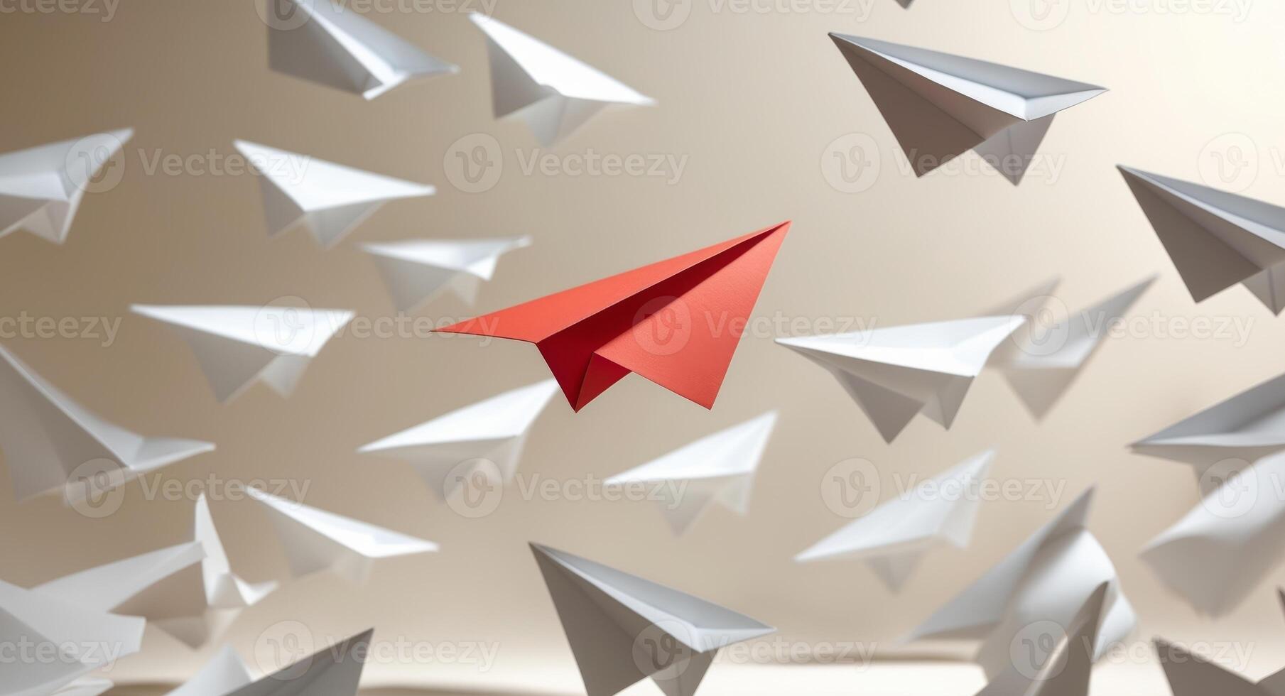Success goal and creative idea concept with red paper plane compete with white paper planes on abstract beige wallpaper photo