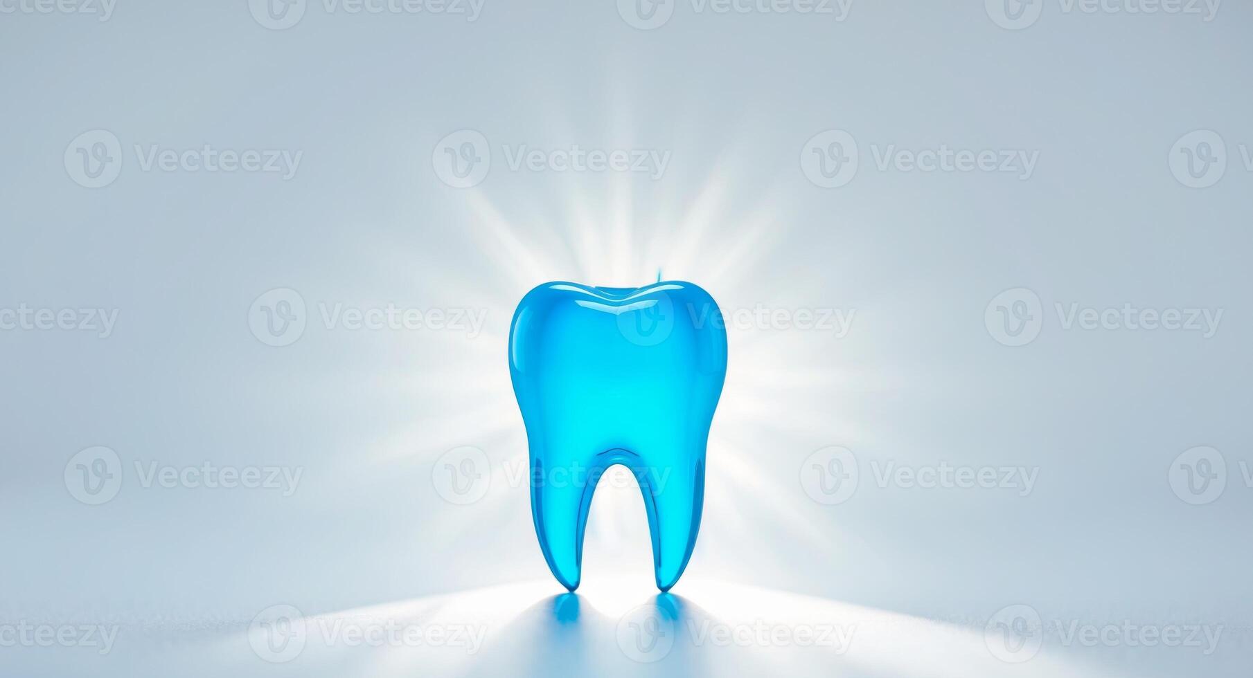 Glowing blue tooth representing oral hygiene and dental health with copy space photo