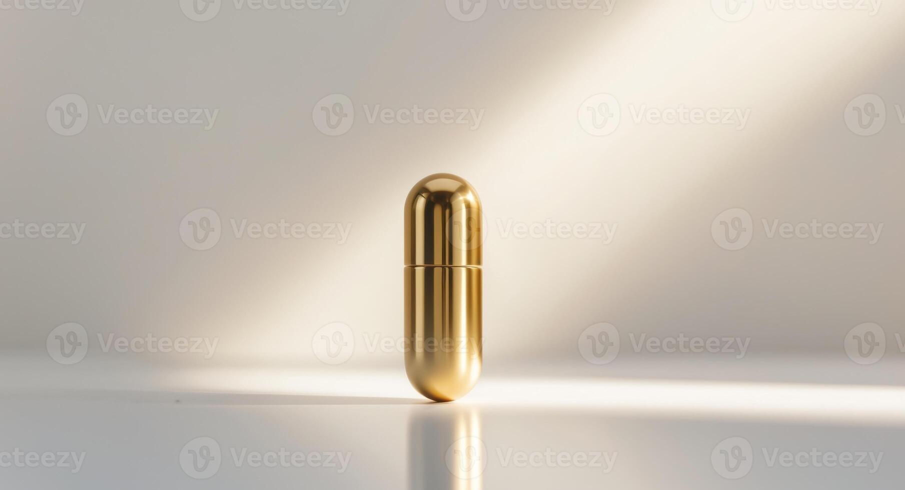 Shiny Golden Capsule on Reflective Surface with Soft Light Background for Health and Wellness Concept. photo