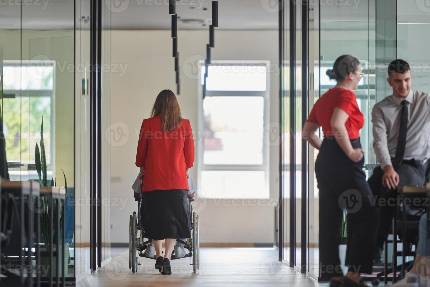 A group of young business people in a modern glass-walled office captures the essence of diversity and collaboration, while two colleagues, including an African American businessman in a wheelchair photo