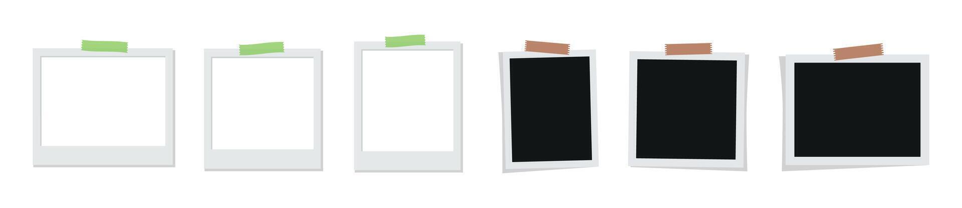 Polaroid photo frames collection. Illustrations set. Empty black photo frame mockups fixed with sticky tape vector