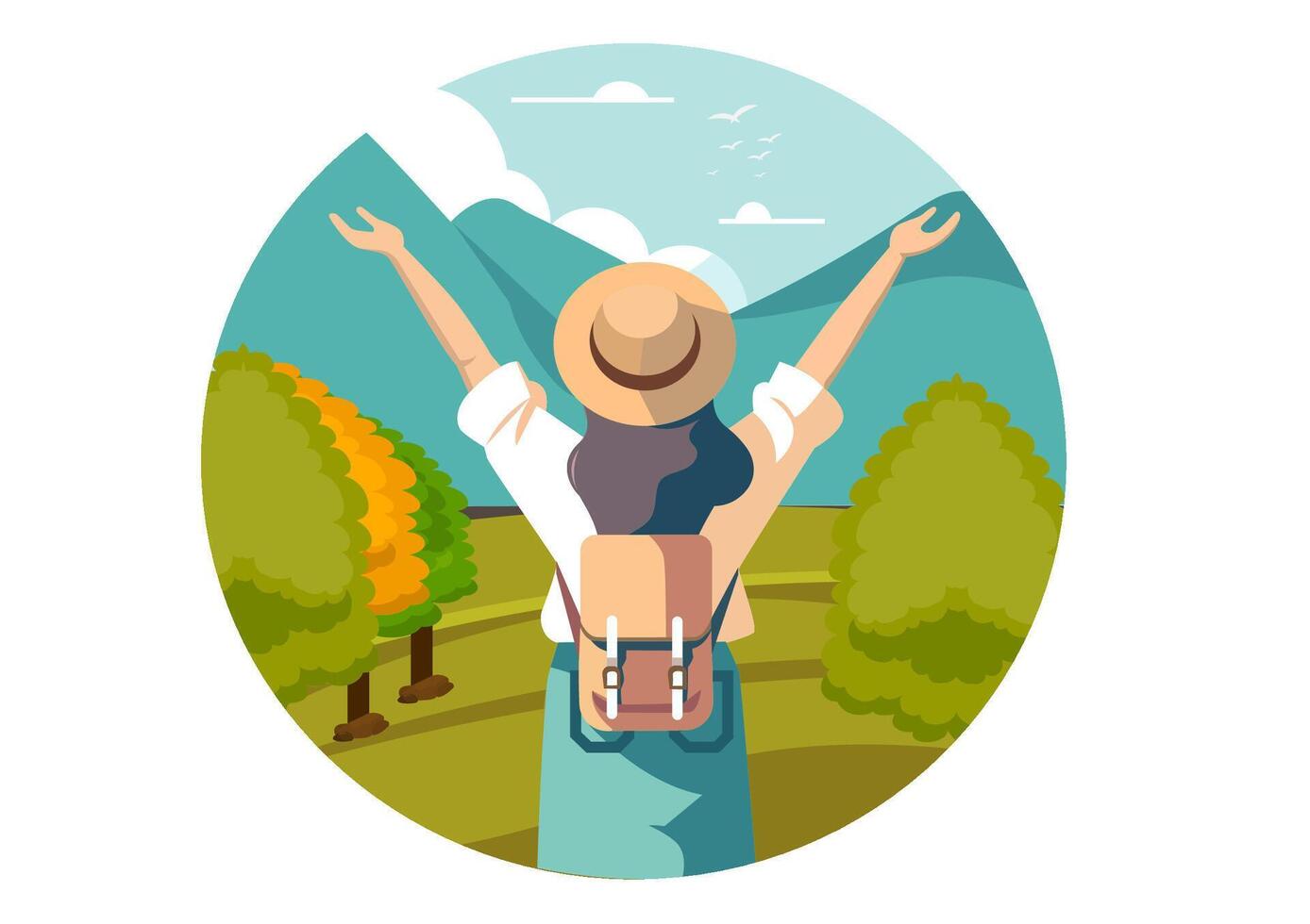 Flat illustration of a female hiker. She is happy with her hands raised above her head and enjoying the view. vector