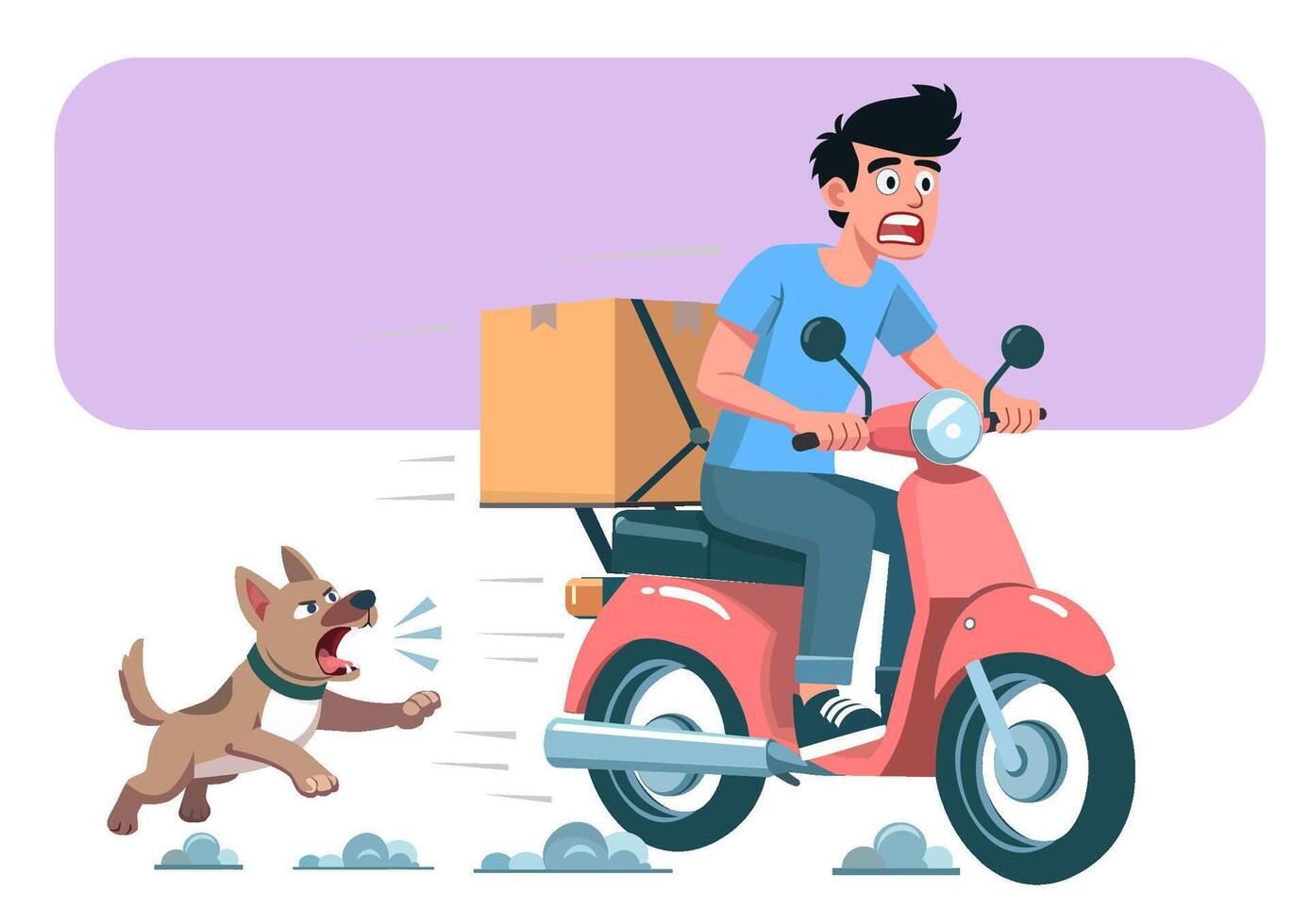 Flat illustration .A dog chases a man riding a motorcycle or scooter delivery man. He is startled. vector