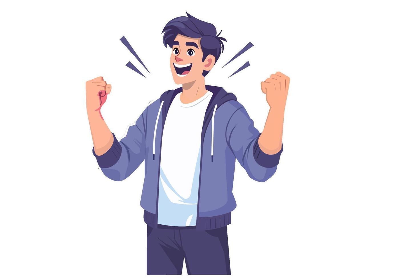 Flat style illustration of a young man raising his fists in delight at his success. vector