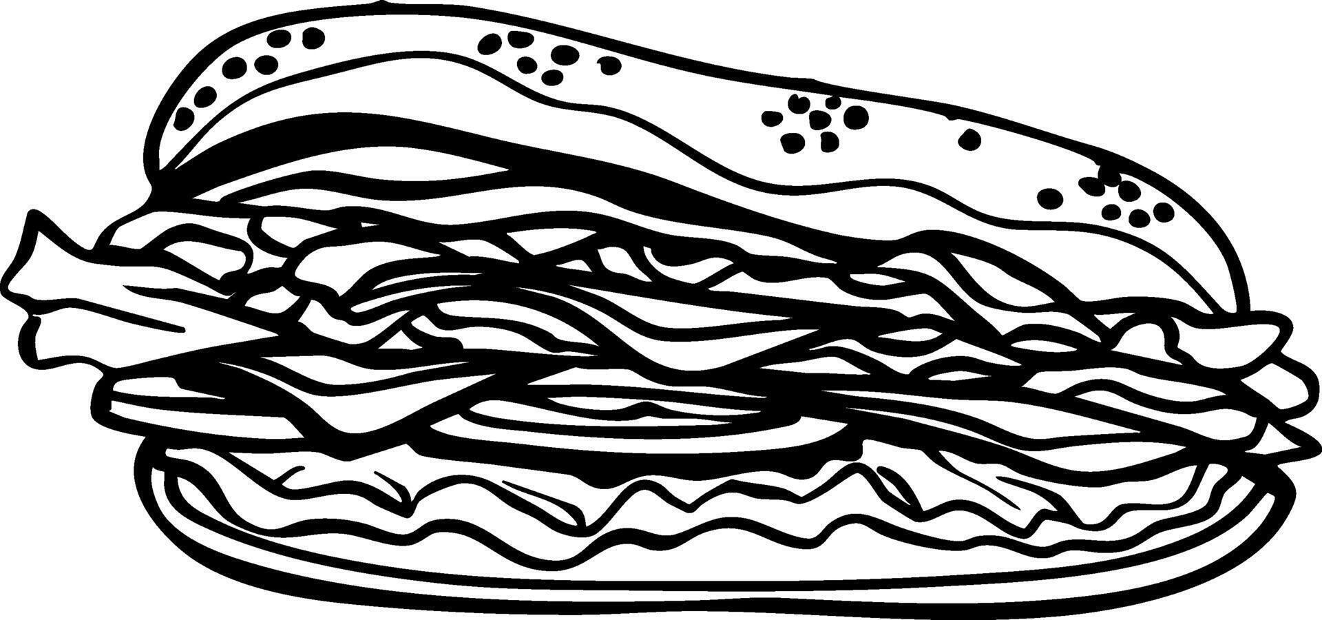 Philly cheesesteak sandwich doodle lineart style isolated on white background vector