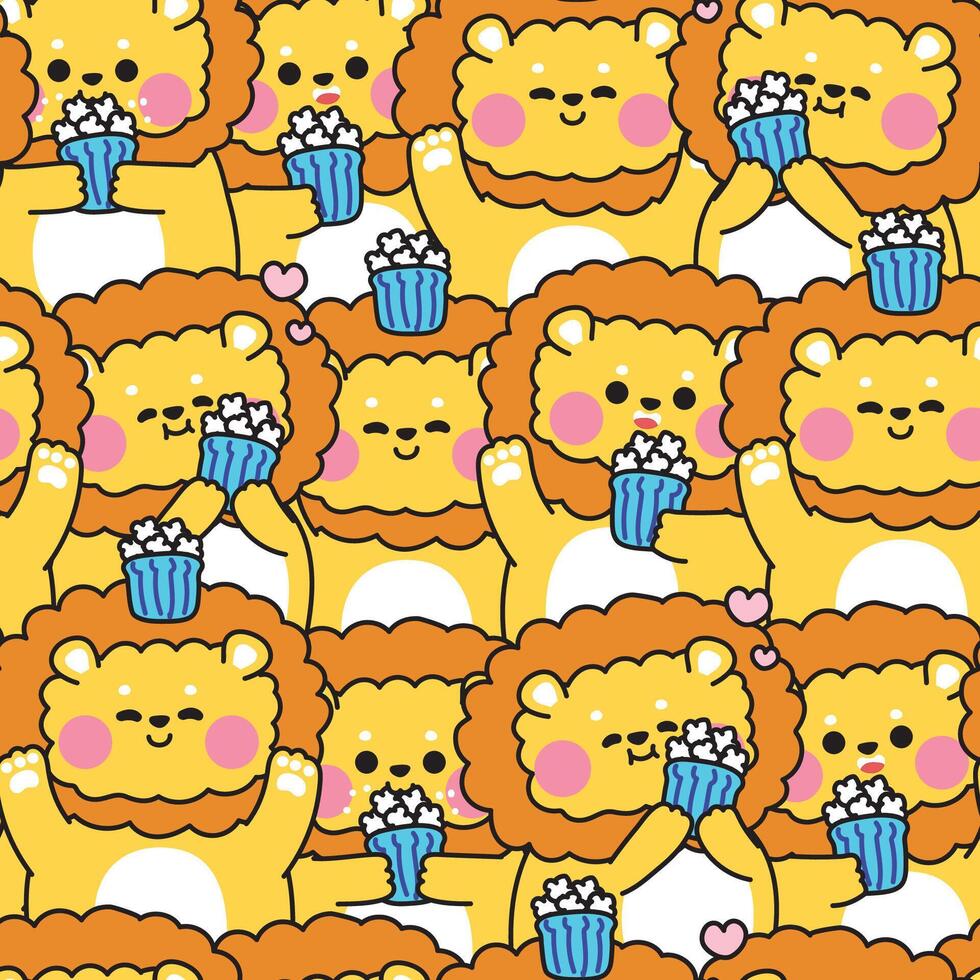 Seamless pattern of cute lion in various poses with popcorn background.Snack.Wild animal character cartoon.Image for card,sticker,baby clothing,print screen.Kawaii.Illustration. vector
