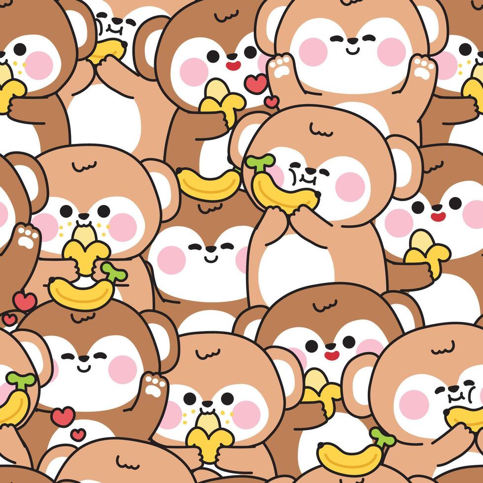 Repeat.Seamless pattern of cute monkey in various poses with banana fruit background.Wild animal character cartoon.Image for card,sticker,baby clothing,print screen.Kawaii.Illustration. vector