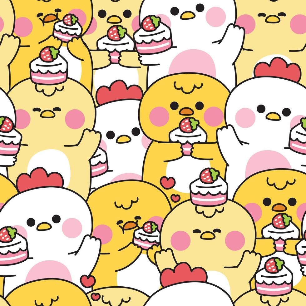 Repeat.Seamless pattern of cute chicken and hen in various poses with strawberry cake background.Sweet and dessert.Farm animal character cartoon.Image for card,sticker,baby clothing,print screen. vector