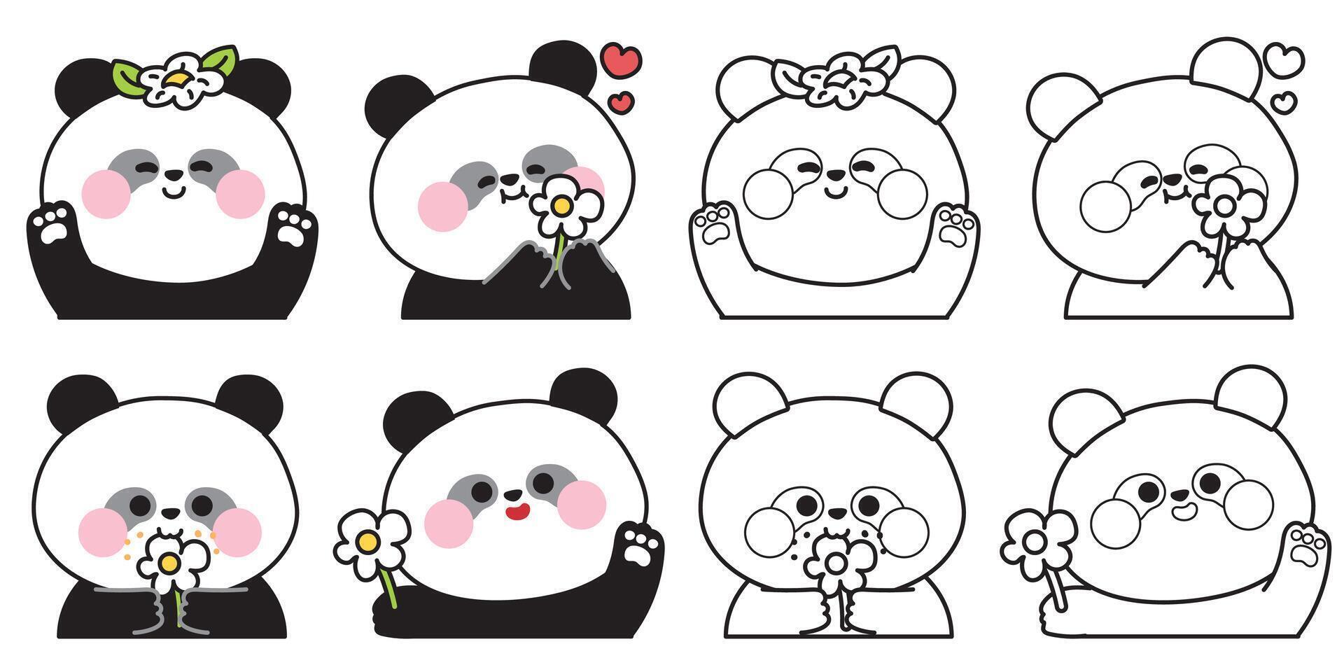 Coloring book.Cute panda bear in various poses with flower.Teddy.Chinese wild animal character cartoon.Painting book for kid.School.Page.Kawaii.Illustration. vector
