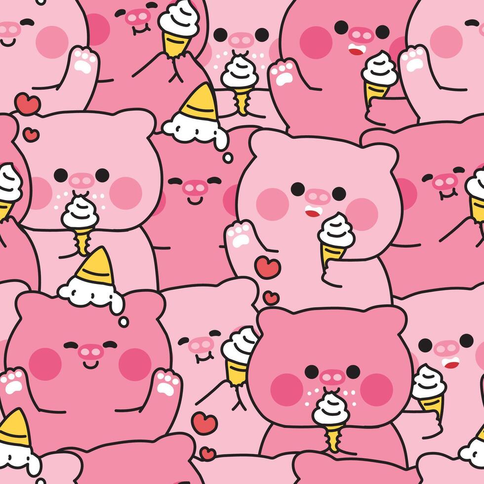 Repeat.Seamless pattern of cute pig in various poses with ice cream background.Sweet and dessert.Farm animal character cartoon.Image for card,sticker,baby clothing,print screen.Kawaii. vector