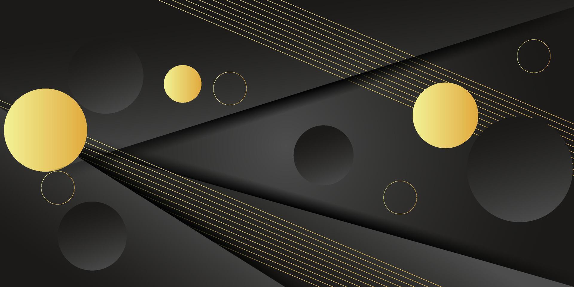 Abstract black dynamic gradient background with 3d look and simple circle pattern. Rectangle elements and gold lines. Cool and luxury design. Eps10 vector