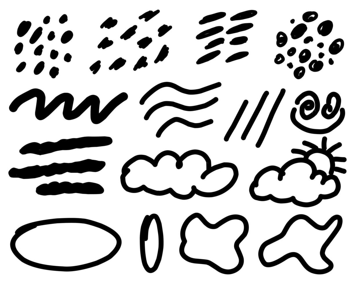 Collection of whimsical doodles including lines, clouds, and abstract shapes, perfect for enhancing graphic designs. vector