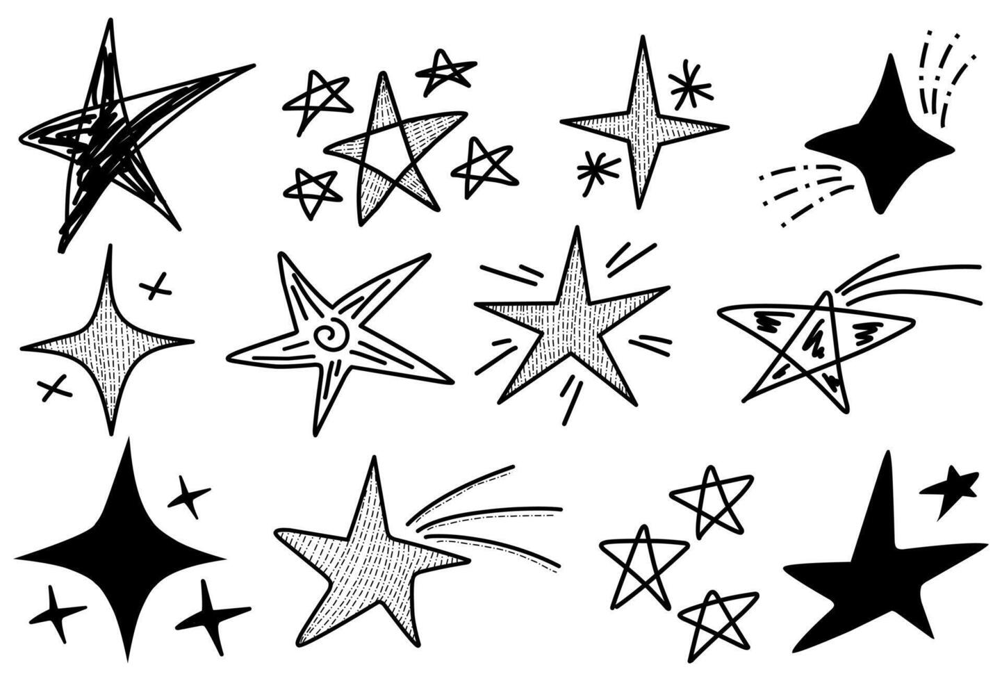 Collection of hand-drawn star designs, glitter, shining, star, night light perfect for artistic and graphic applications. vector