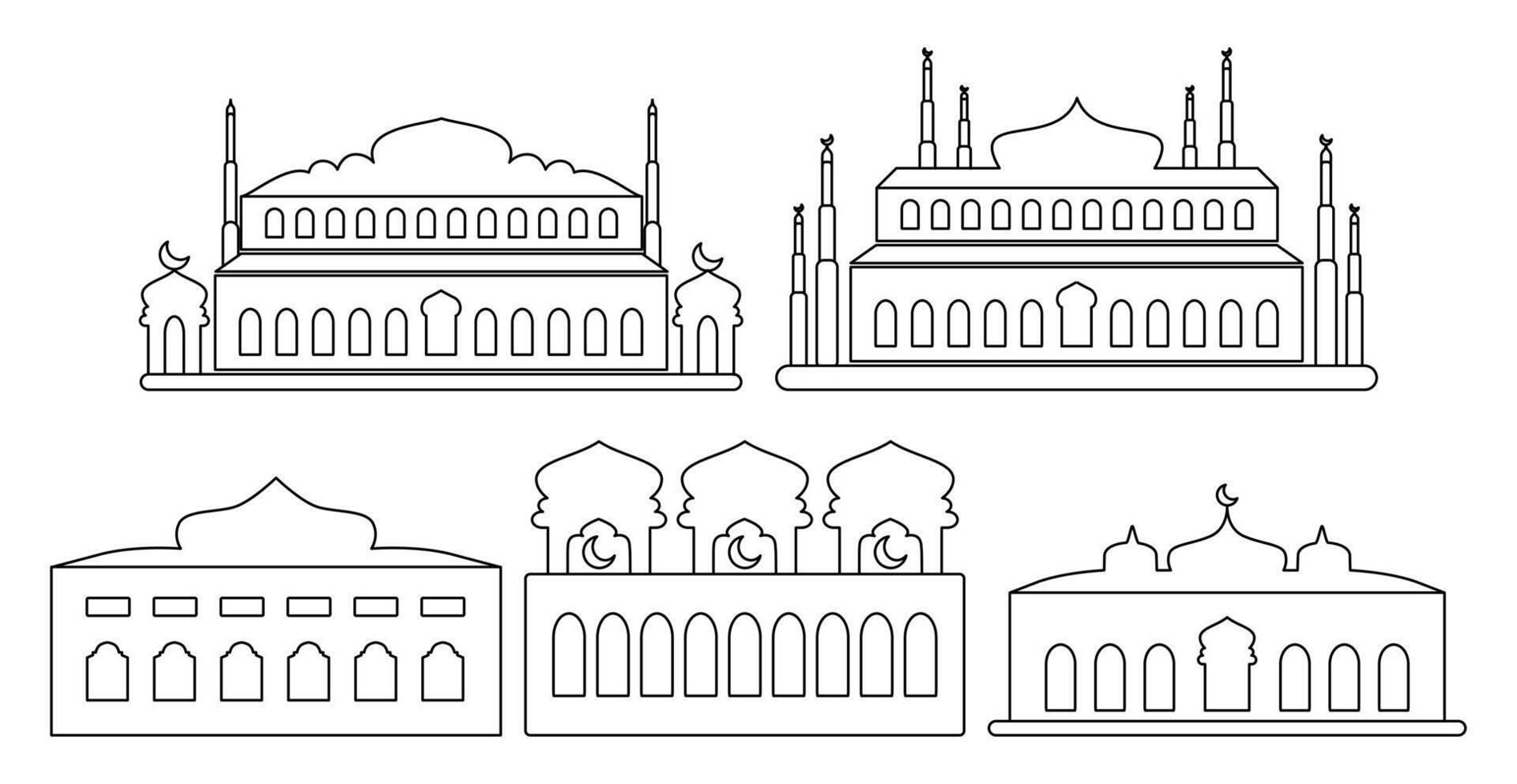 Elegant line art mosque designs collection suitable for architectural inspiration or Islamic art projects. vector