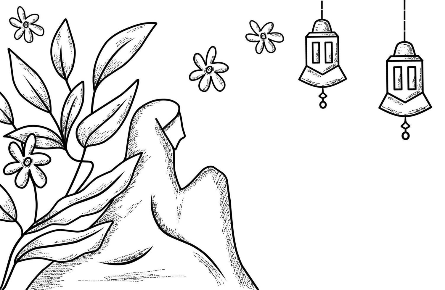 Hand drawn sketch illustration of Muslim women praying with decorative floral and hanging lantern with negative space for text. Perfect for Islamic festival or Ramadan. vector