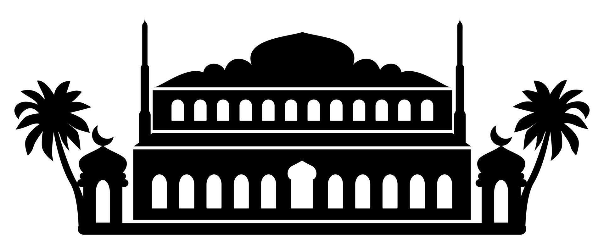 Elegant silhouette of a majestic mosque surrounded by palm trees, perfect for cultural or architectural projects. vector