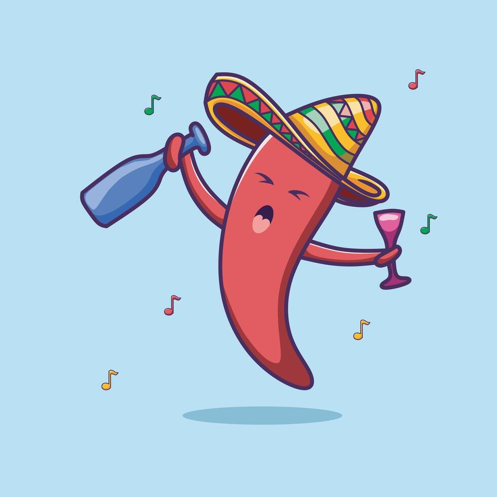 Cute red chili pepper is singing while wearing a Mexican sombrero hat. Mexican cinco de mayo celebration. vector